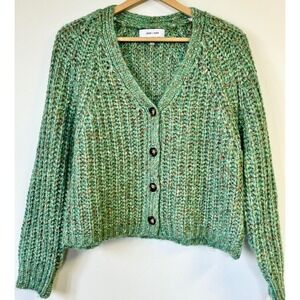 John + Jenn Green Space Dye Chunky Knit V-Neck Button Front Cardigan Sweater L